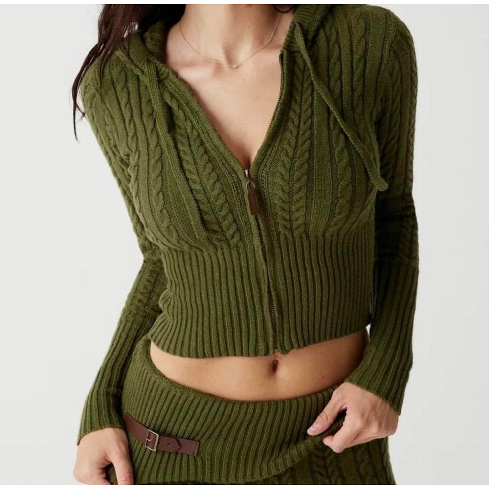 Frankie's Bikinis Olive Green Cable-Knit Zip Hoodie Sweater